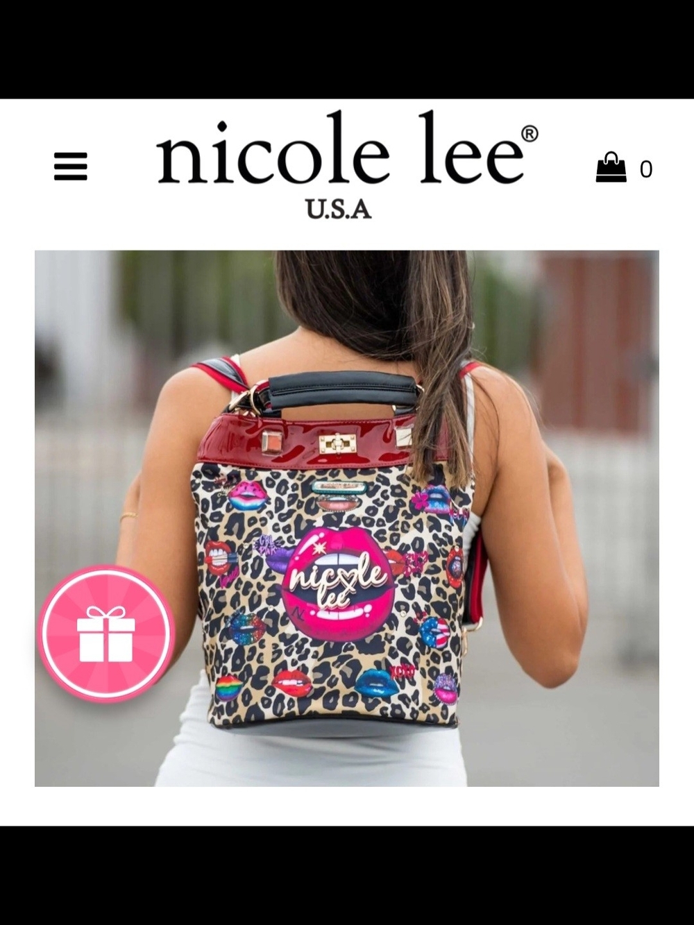 Nicole Lee Leopard Print Backpack with Colorful Lip Graphics and Red Trim